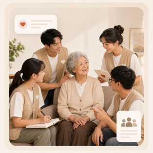 Volunteers accompanying and talking with an elder
